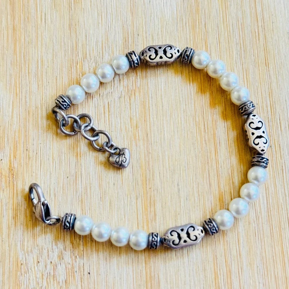 Brighton Vintage Scroll Freshwater Pearl Bracelet Silver Plated Beaded‎ 7